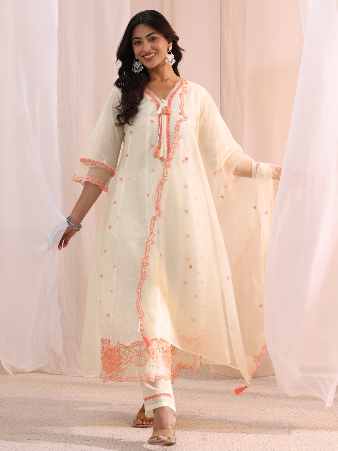 Libas White Floral Embroidered Silk Blend A-Line Suit Set