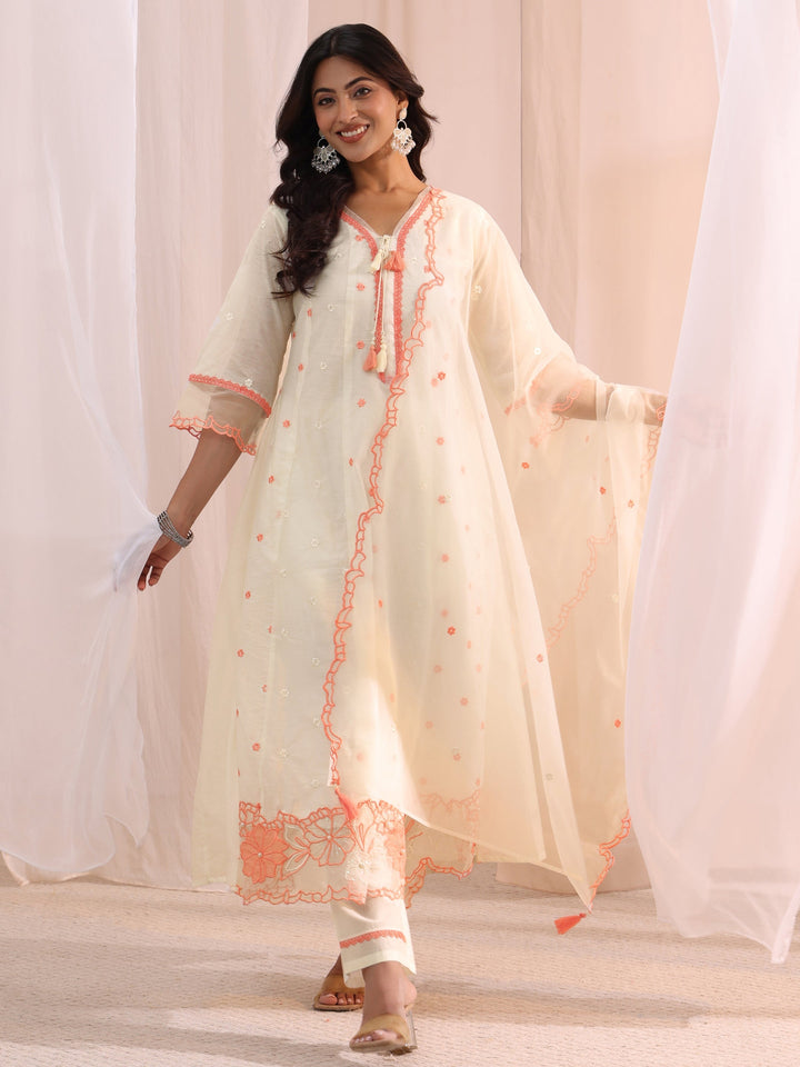 Libas White Floral Embroidered Silk Blend A-Line Suit Set