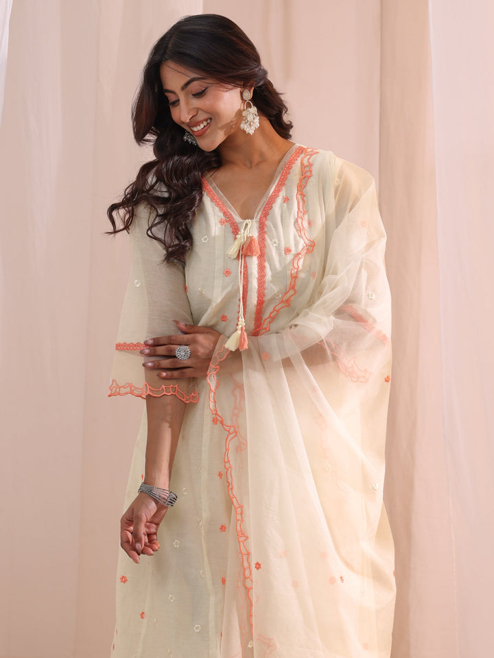 Libas White Floral Embroidered Silk Blend A-Line Suit Set