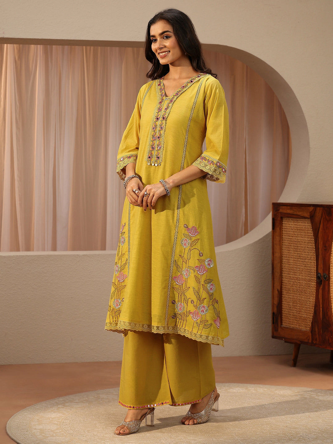 Mustard Floral Embroidered Silk Blend A-Line Suit Set