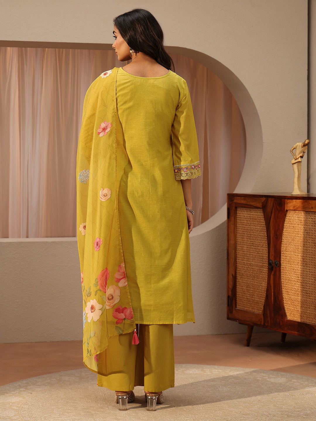 Mustard Floral Embroidered Silk Blend A-Line Suit Set