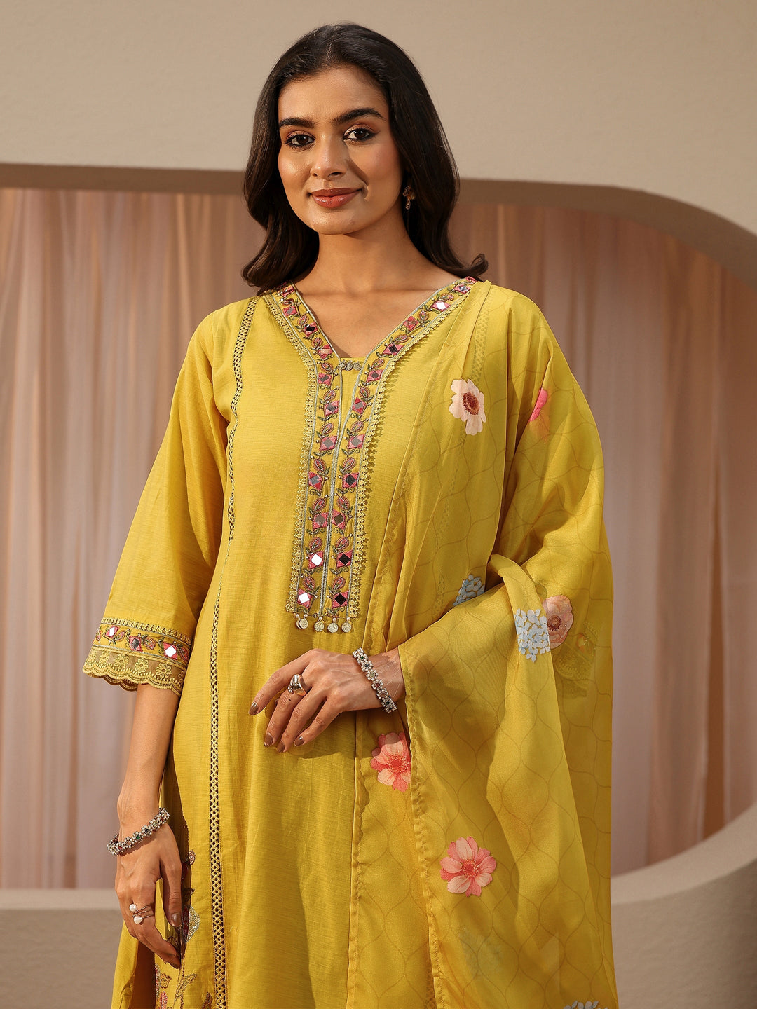 Mustard Floral Embroidered Silk Blend A-Line Suit Set