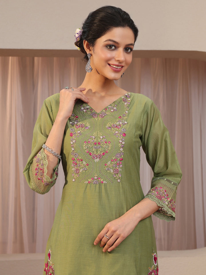 Green Floral Embroidered Silk blend A-Line Suit Set