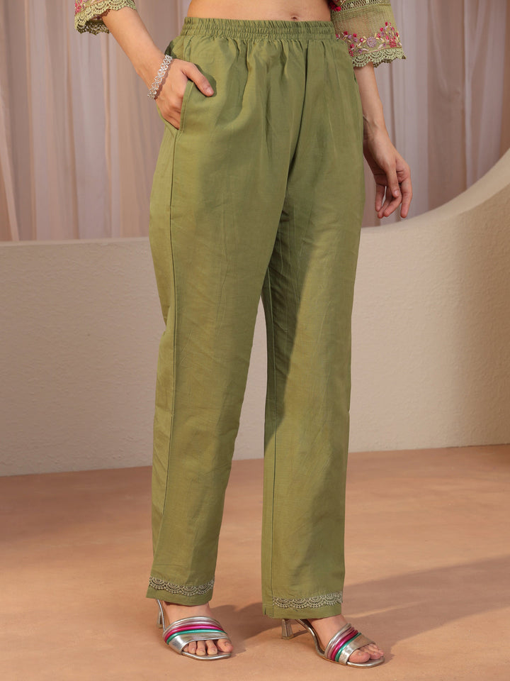 Green Floral Embroidered Silk blend A-Line Suit Set