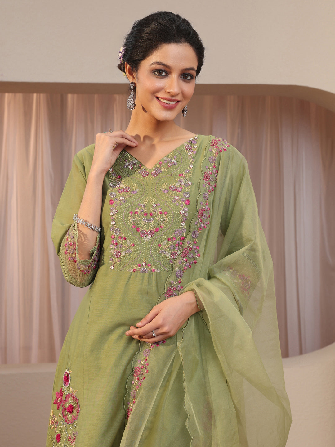 Green Floral Embroidered Silk blend A-Line Suit Set