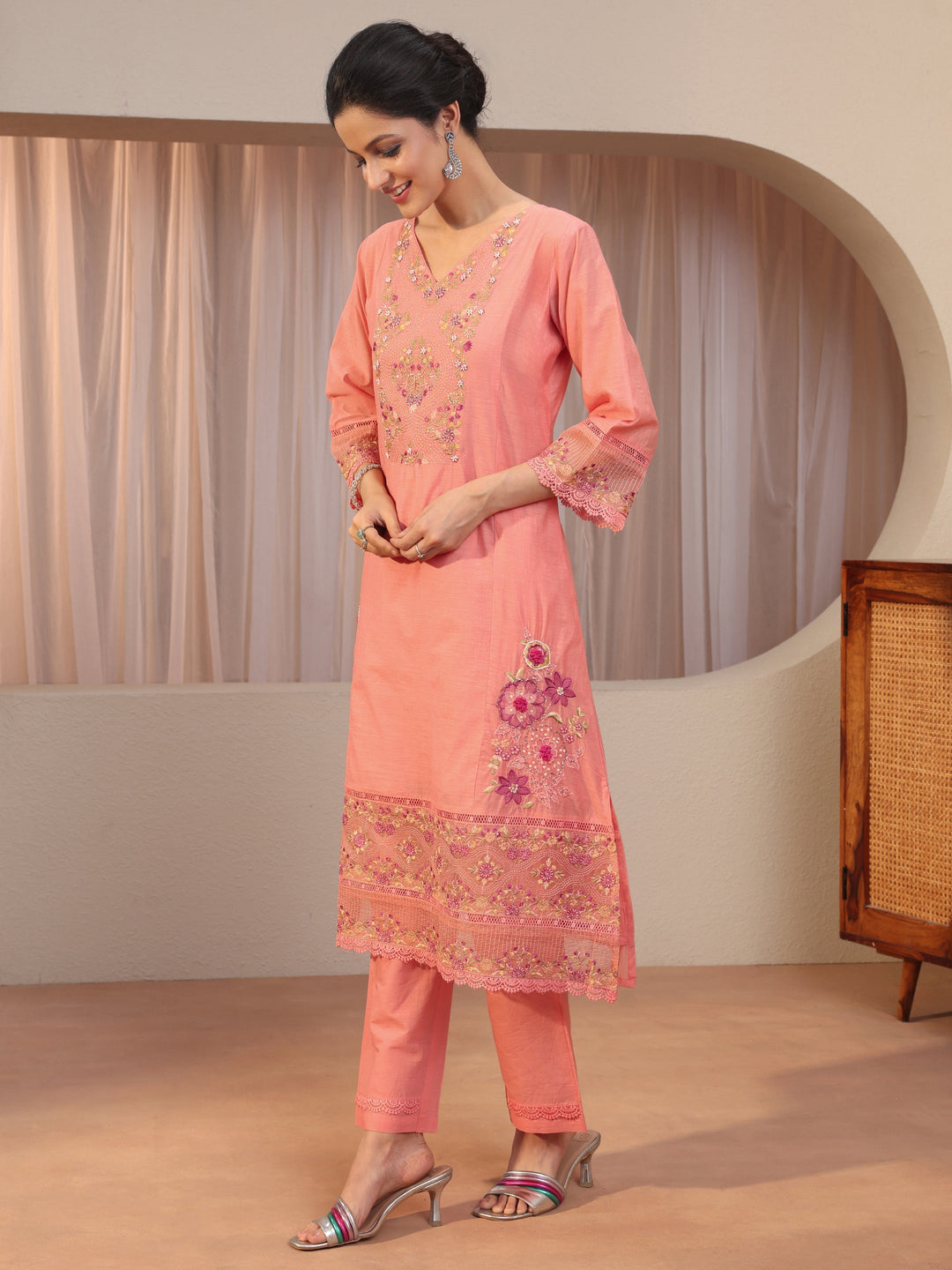 Peach Floral Embroidered Silk blend A-line Suit Set