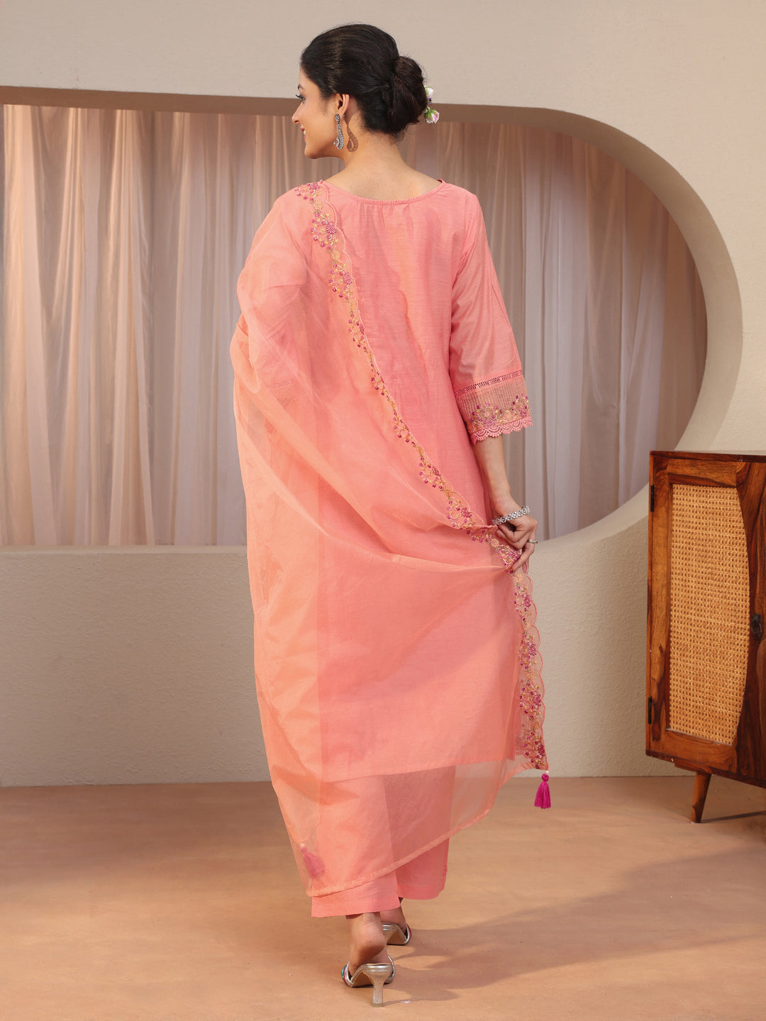 Peach Floral Embroidered Silk blend A-line Suit Set