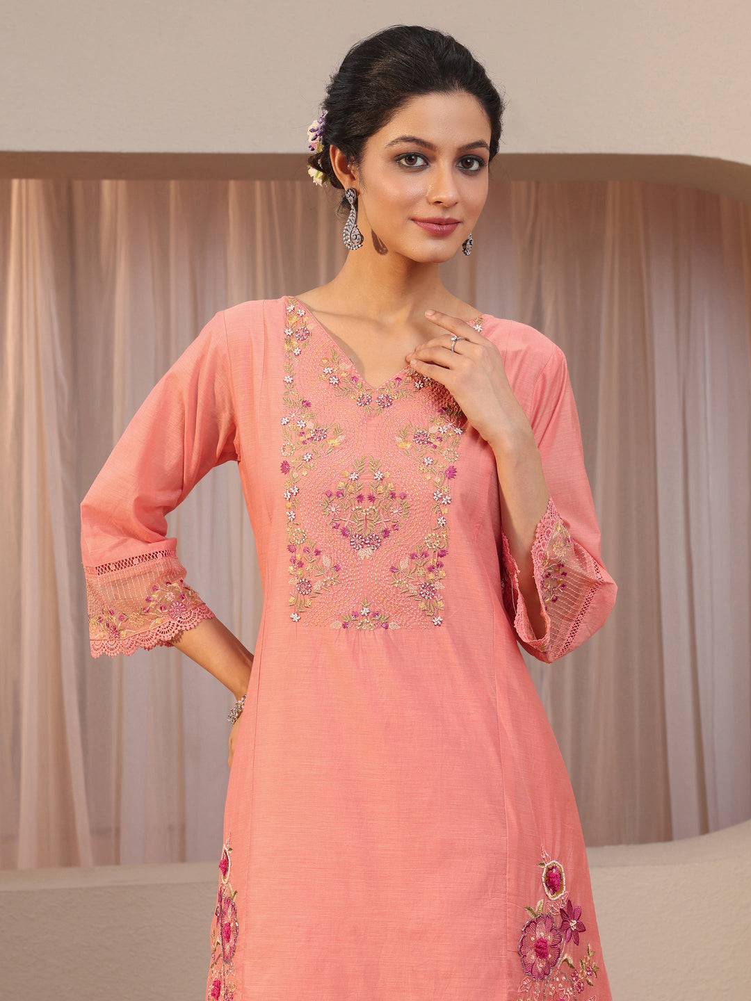Peach Floral Embroidered Silk blend A-line Suit Set