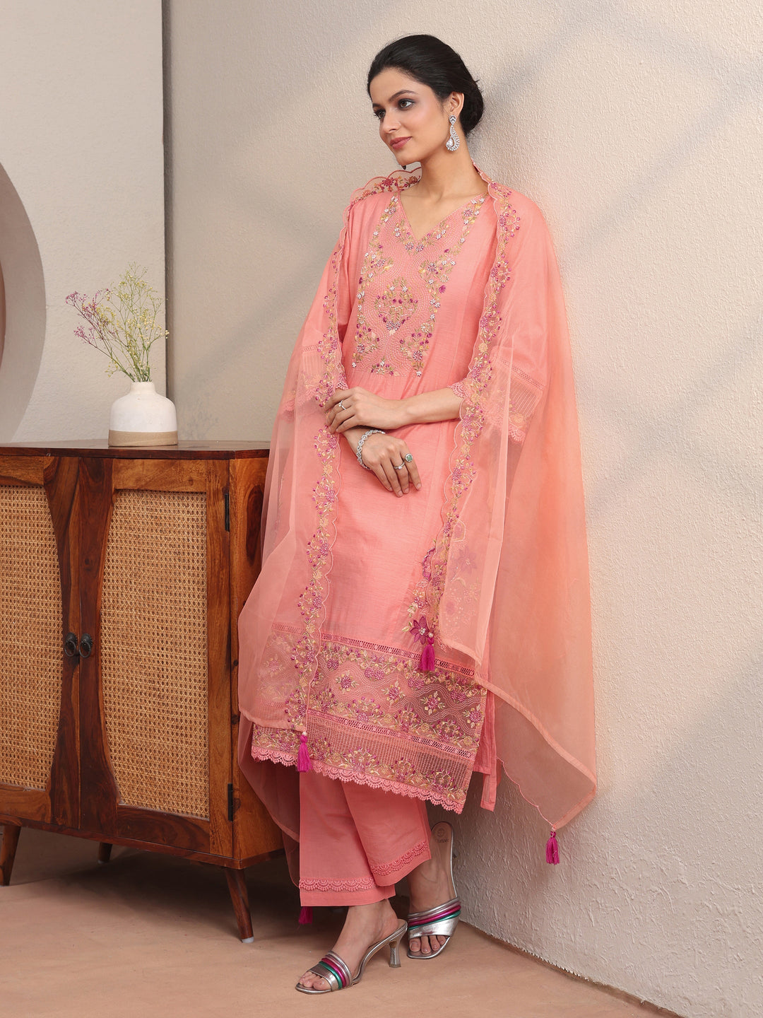 Peach Floral Embroidered Silk blend A-line Suit Set