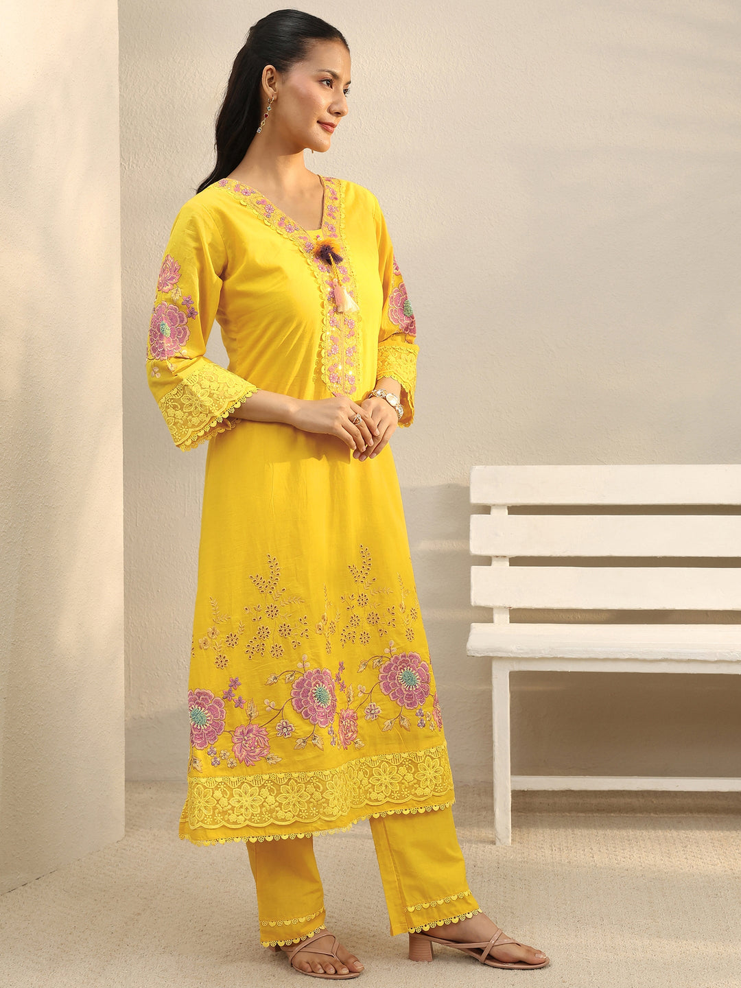Mustard Floral Embroidered Cotton Blend A-Line Suit Set