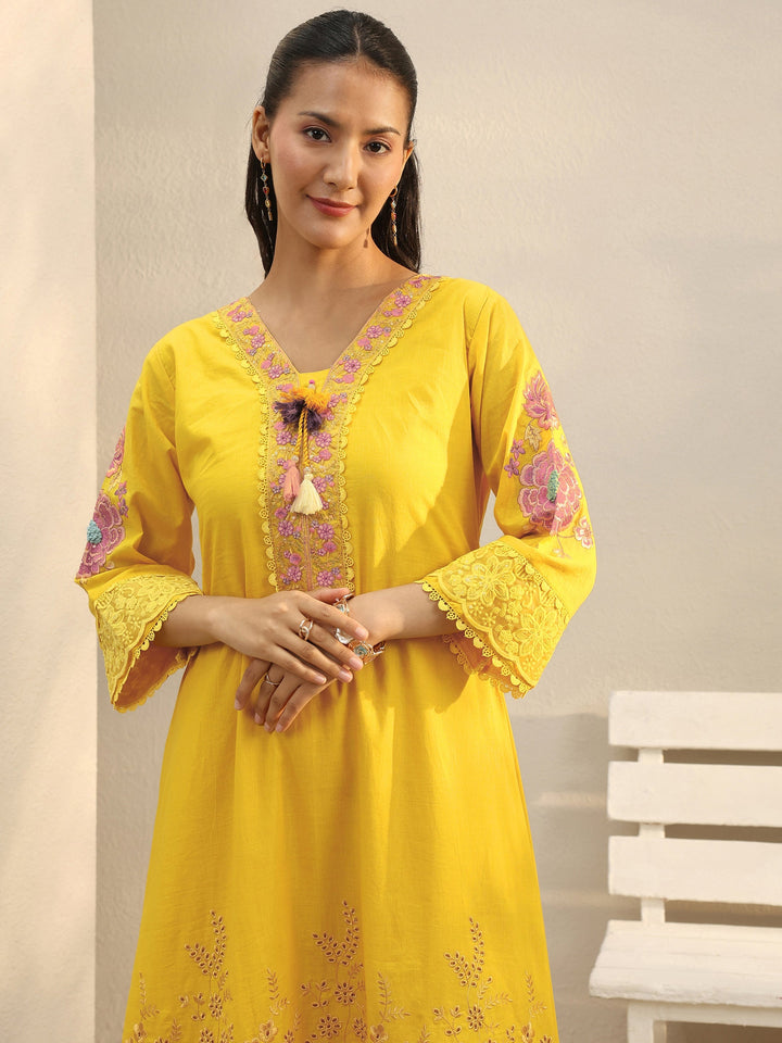 Mustard Floral Embroidered Cotton Blend A-Line Suit Set