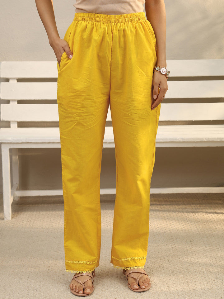 Mustard Floral Embroidered Cotton Blend A-Line Suit Set