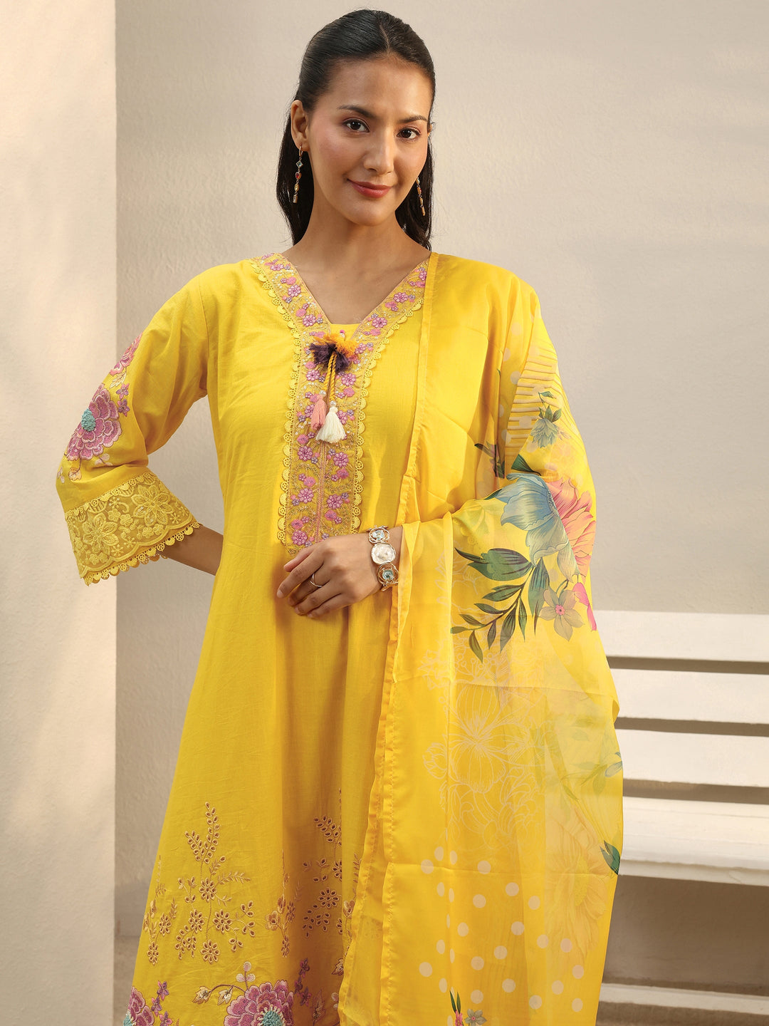 Mustard Floral Embroidered Cotton Blend A-Line Suit Set