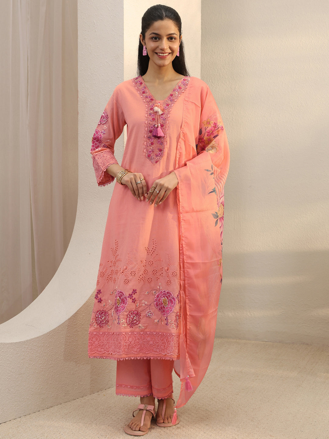 Peach Floral Embroidered Cotton Blend A-Line Suit Set