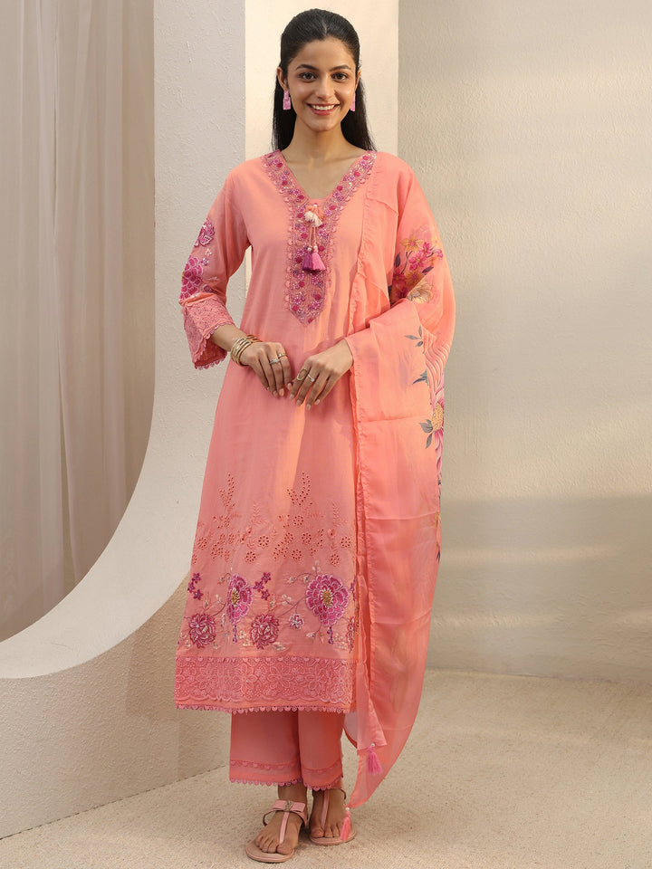 Peach Floral Embroidered Cotton Blend A-Line Suit Set