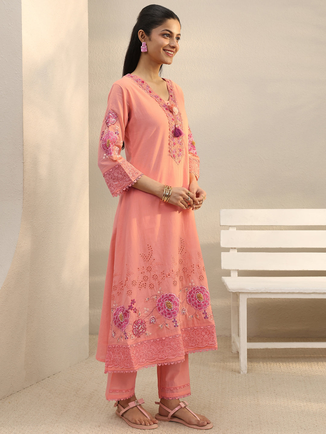 Peach Floral Embroidered Cotton Blend A-Line Suit Set