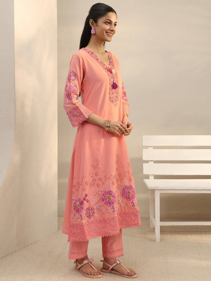 Peach Floral Embroidered Cotton Blend A-Line Suit Set