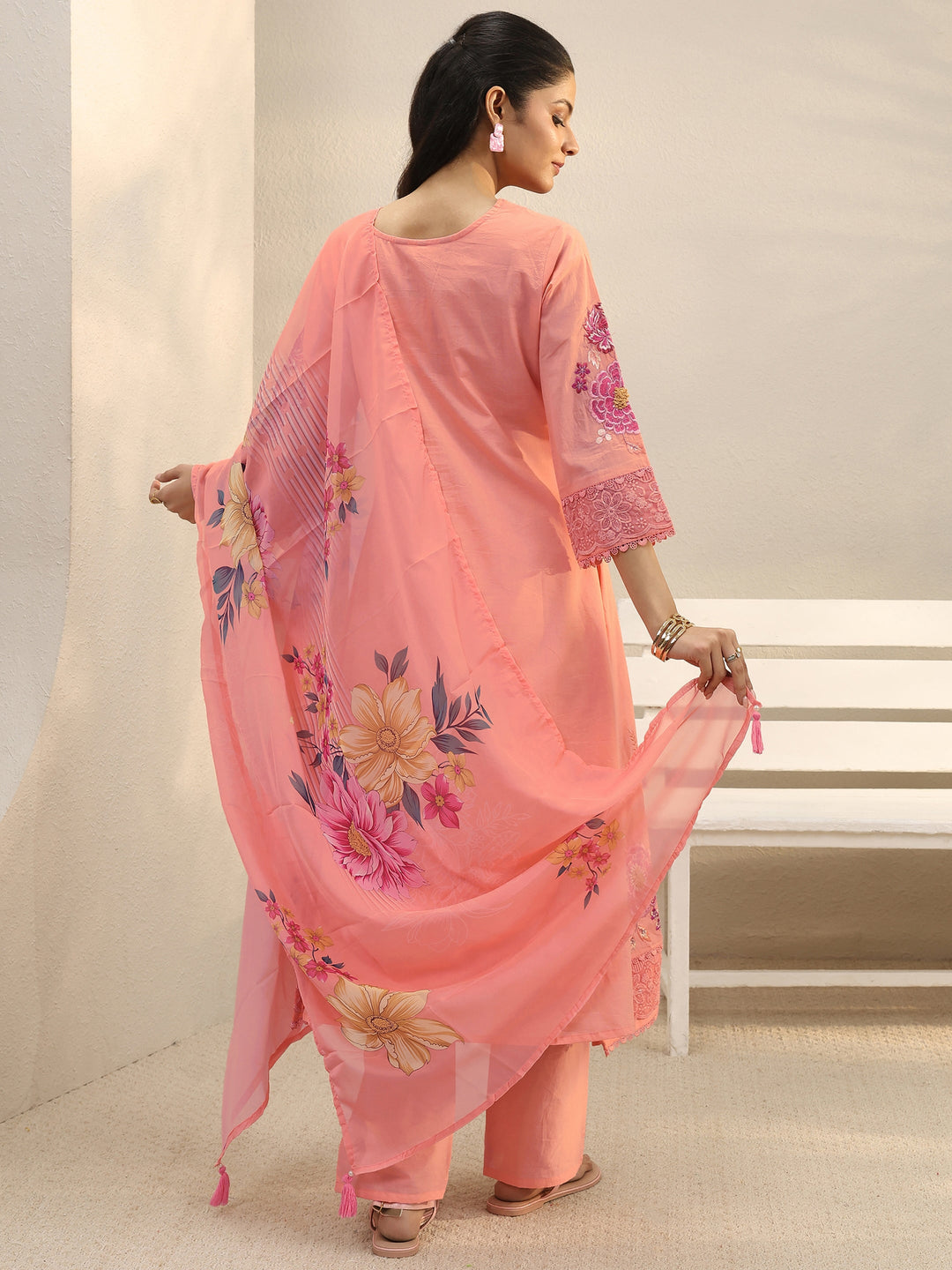 Peach Floral Embroidered Cotton Blend A-Line Suit Set