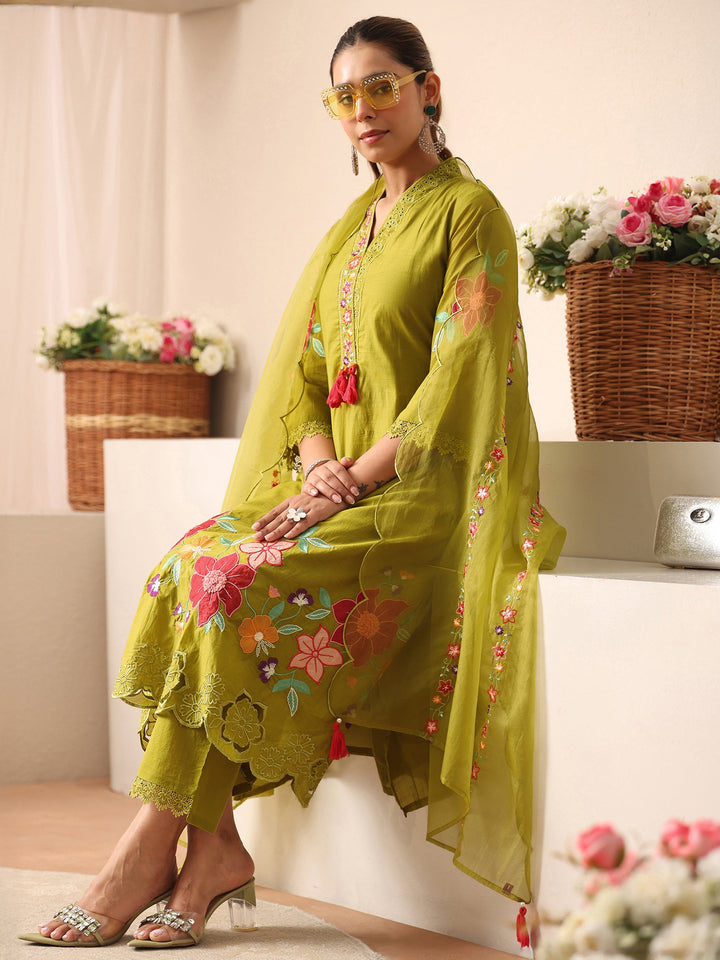 Green Floral Embroidered Silk Blend A-Line Suit Set