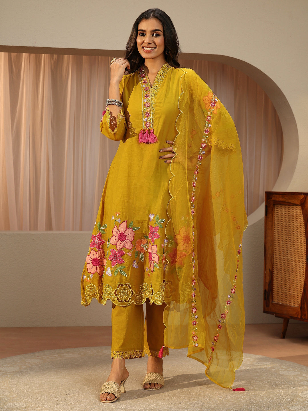 Mustard Floral Embroidered Silk blend A-Line Suit Set