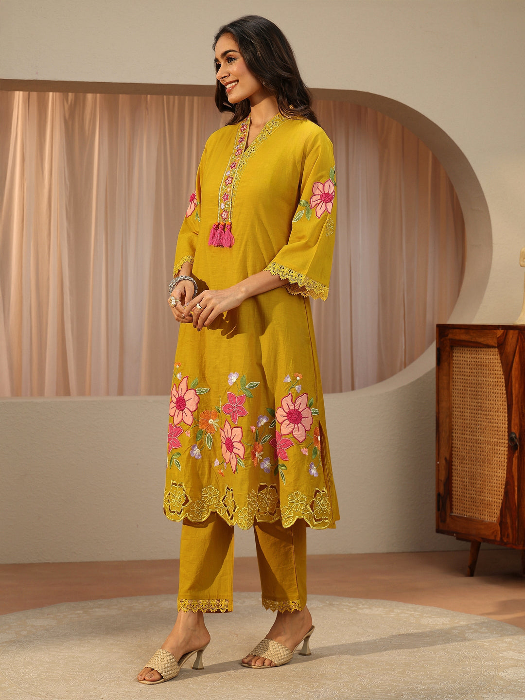 Mustard Floral Embroidered Silk blend A-Line Suit Set