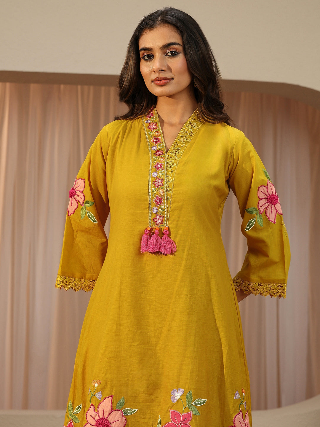 Mustard Floral Embroidered Silk blend A-Line Suit Set