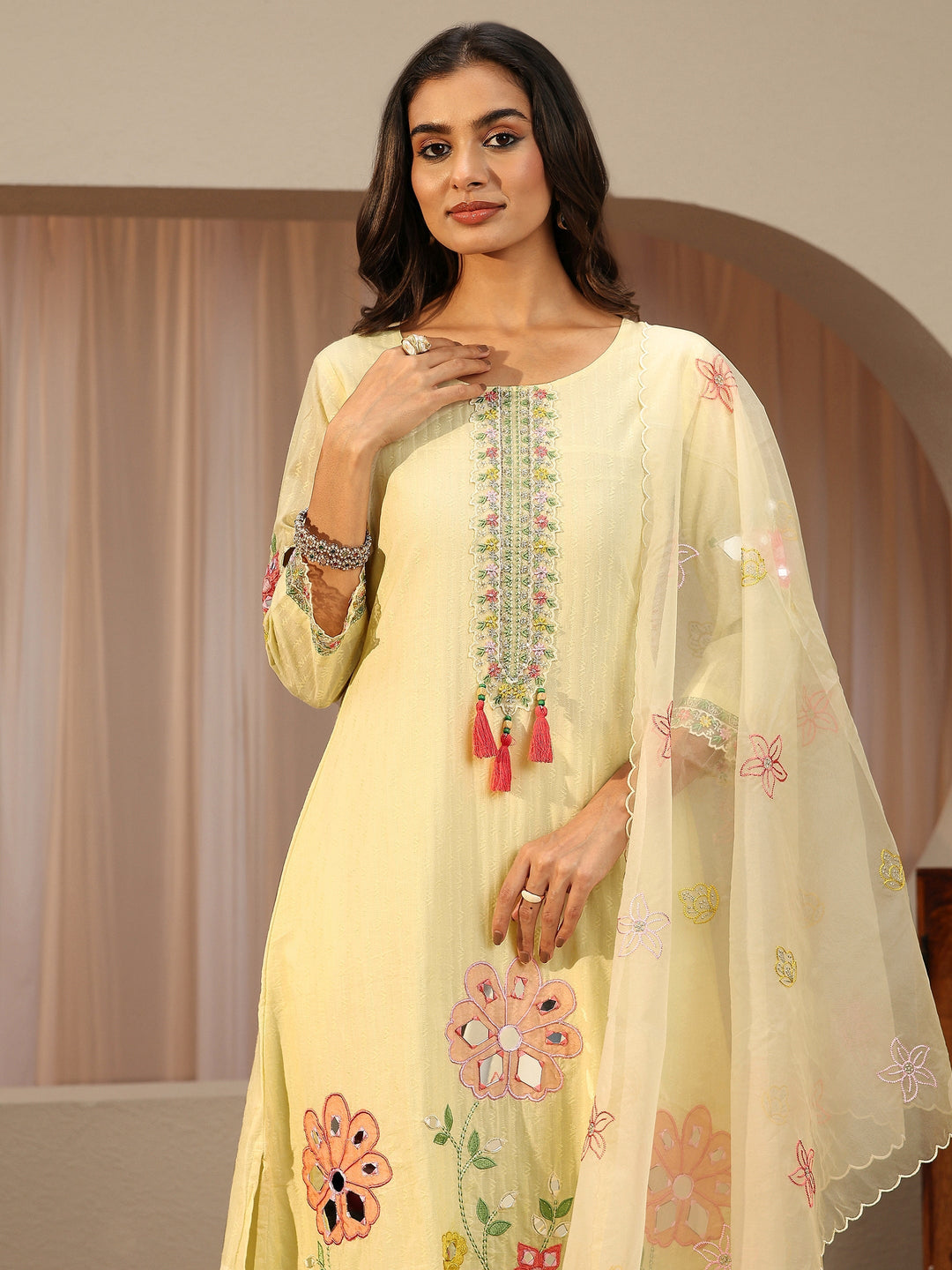 Off White Floral Embroidered Cotton A-Line Suit Set