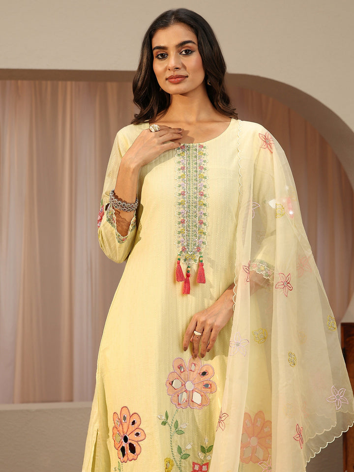 Off White Floral Embroidered Cotton A-Line Suit Set