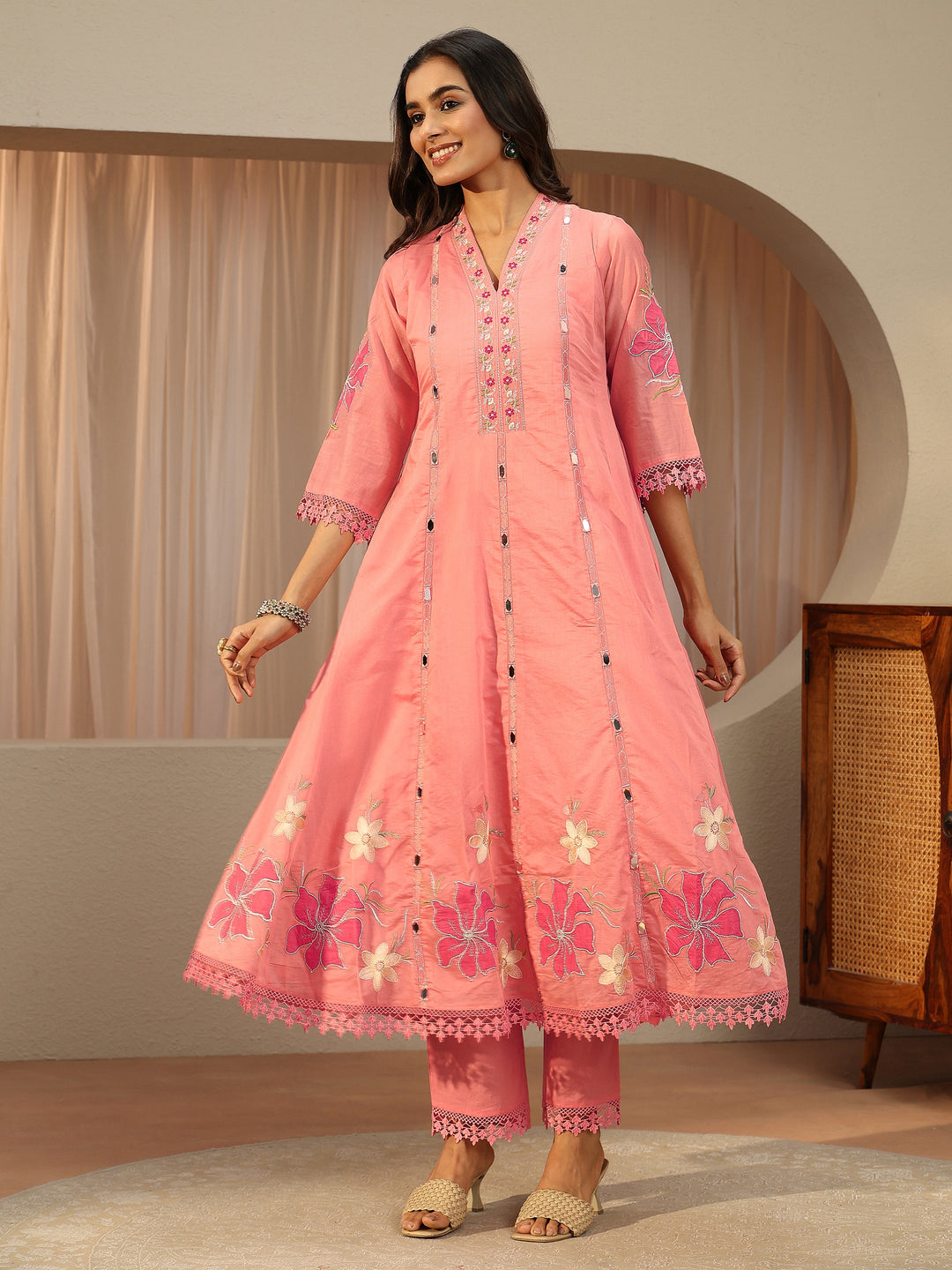 Pink Floral Embroidered Silk Blend A-Line Suit Set With Dupatta