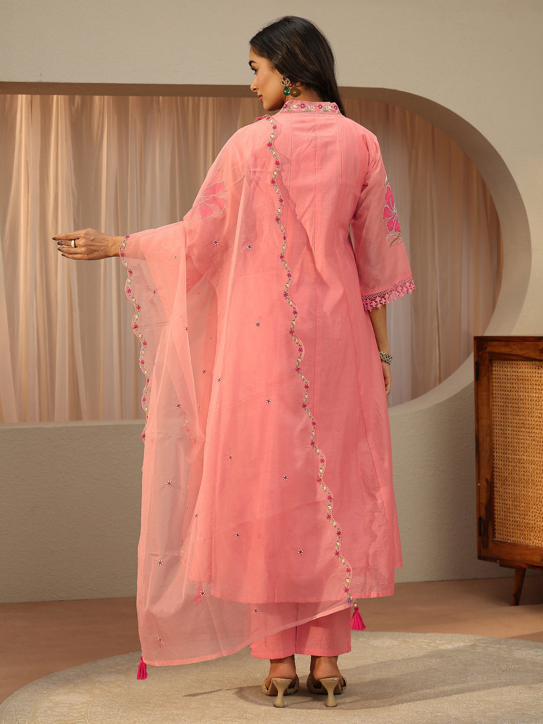 Pink Floral Embroidered Silk Blend A-Line Suit Set With Dupatta