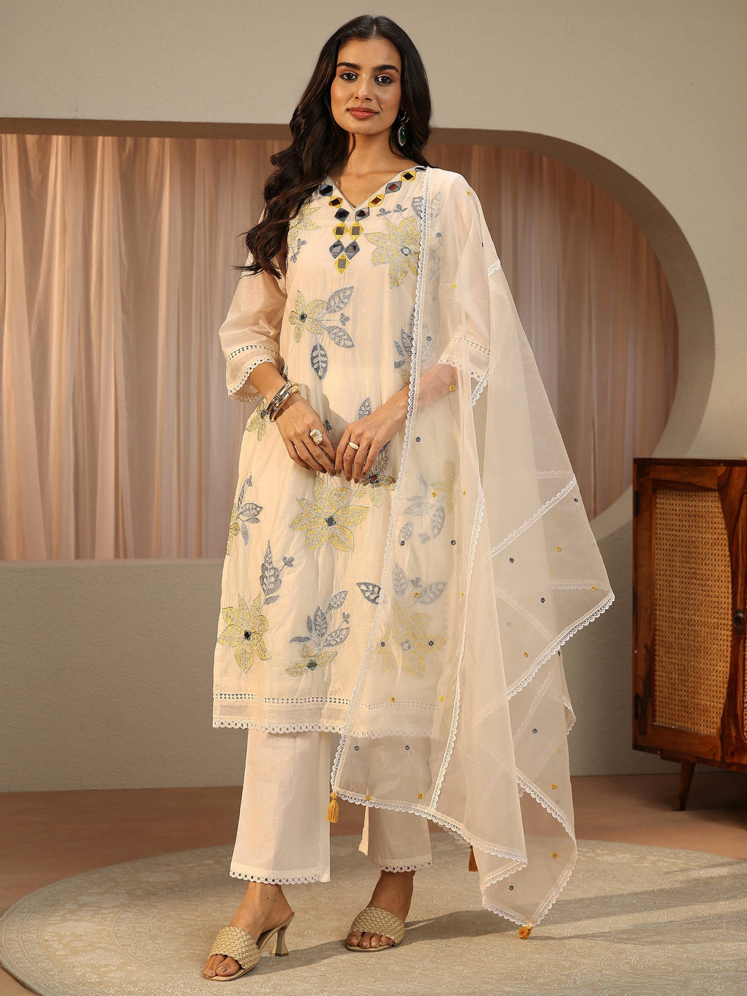 White Floral Embroidered Silk blend Straight Suit Set