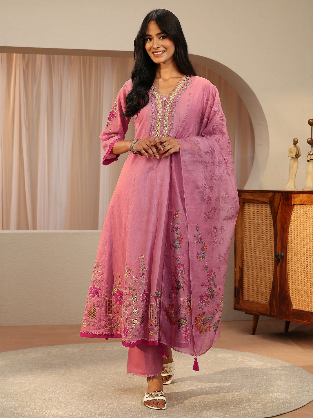 Pink Floral Embroidered Silk blend A-Line Suit Set