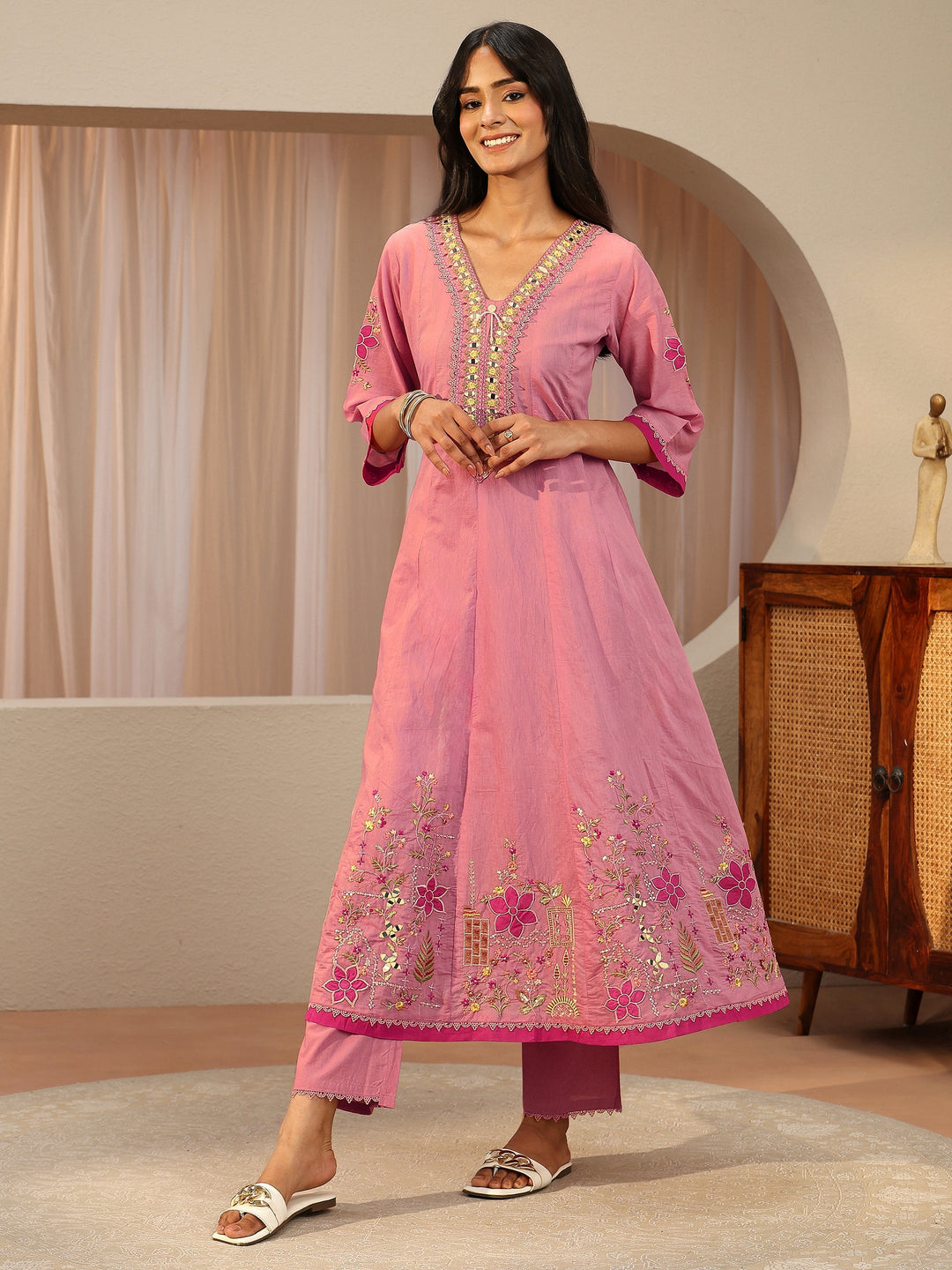 Pink Floral Embroidered Silk blend A-Line Suit Set