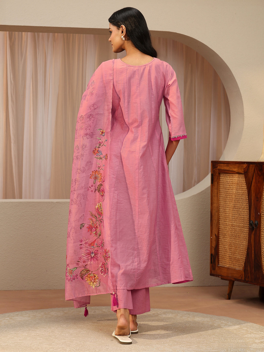 Pink Floral Embroidered Silk blend A-Line Suit Set