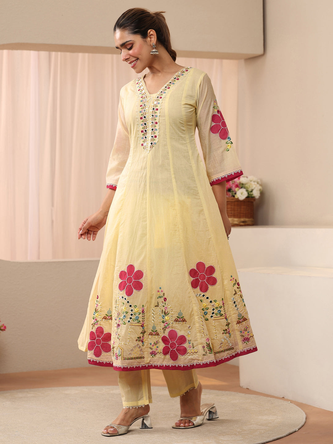 Ivory Floral Embroidered Silk Blend A-Line Suit Set