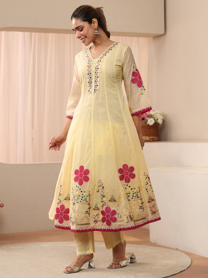 Ivory Floral Embroidered Silk Blend A-Line Suit Set