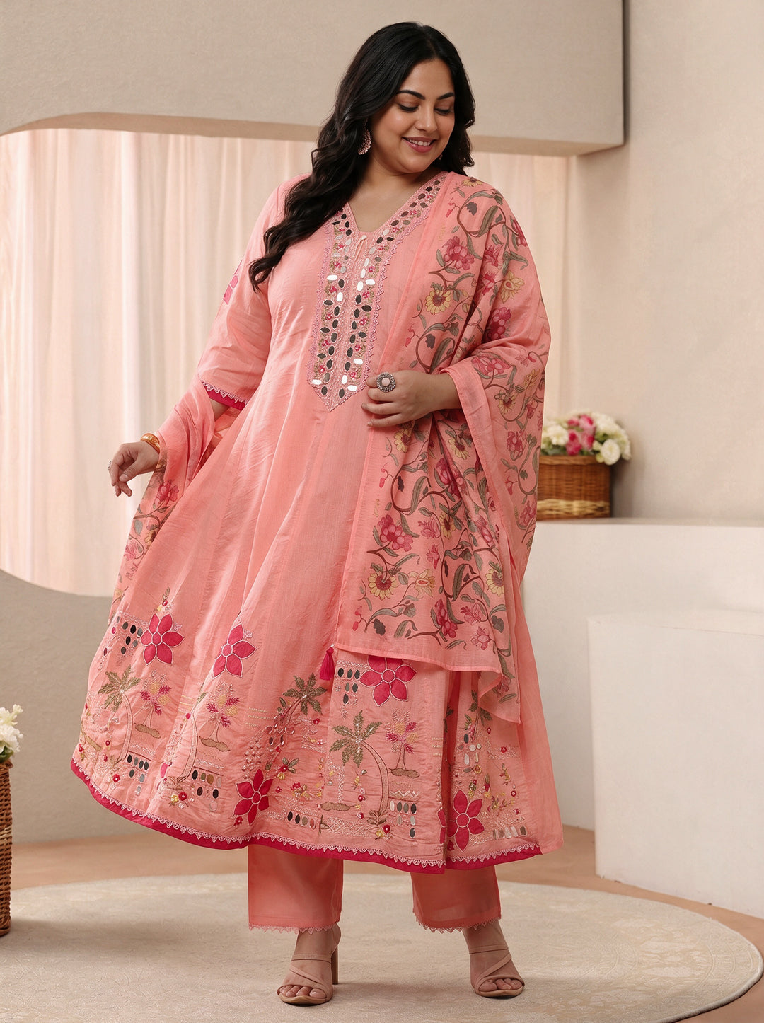 Plus Size Peach Floral Embroidered Silk Blend Anarkali Suit Set