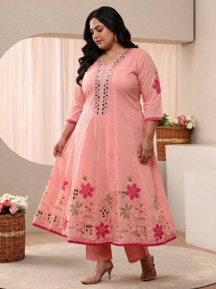 Plus Size Peach Floral Embroidered Silk Blend Anarkali Suit Set