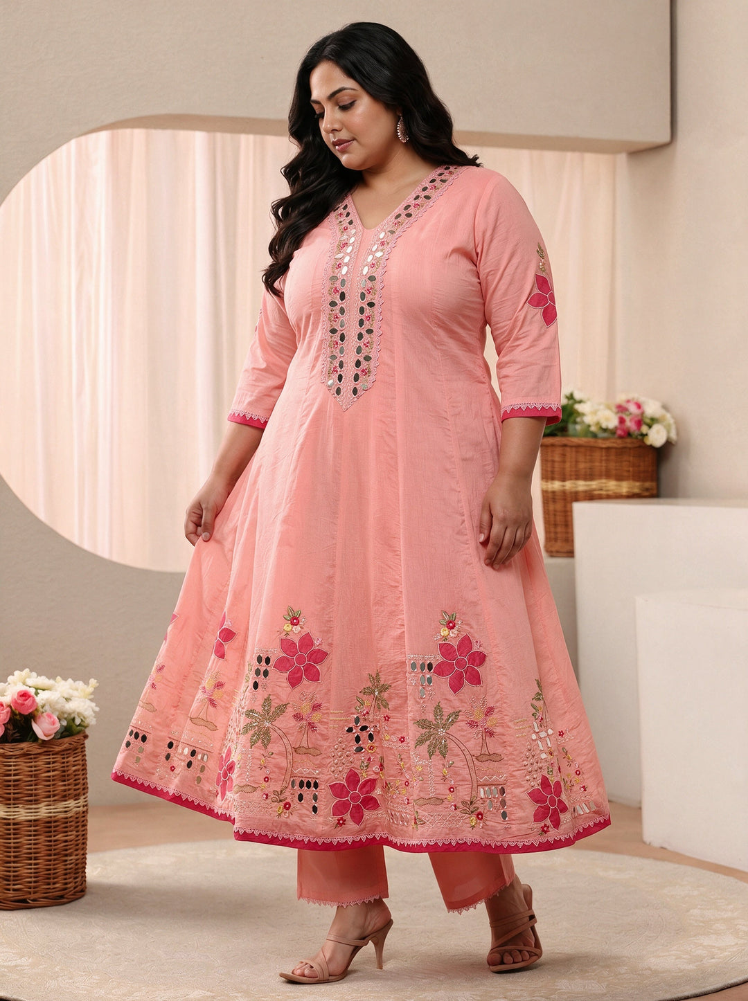 Plus Size Peach Floral Embroidered Silk Blend Anarkali Suit Set