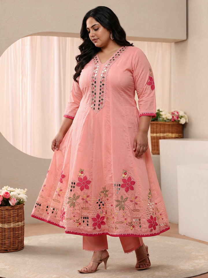 Plus Size Peach Floral Embroidered Silk Blend Anarkali Suit Set