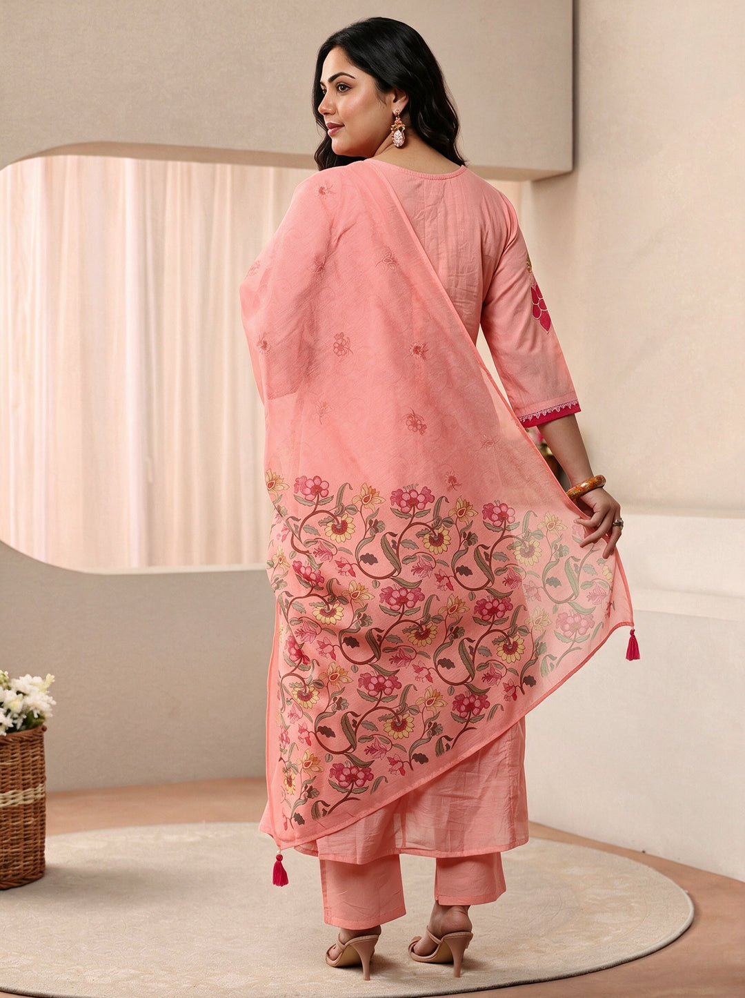 Plus Size Peach Floral Embroidered Silk Blend Anarkali Suit Set