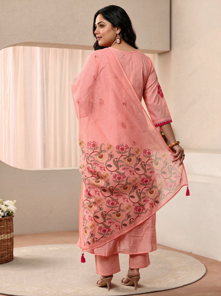 Plus Size Peach Floral Embroidered Silk Blend Anarkali Suit Set