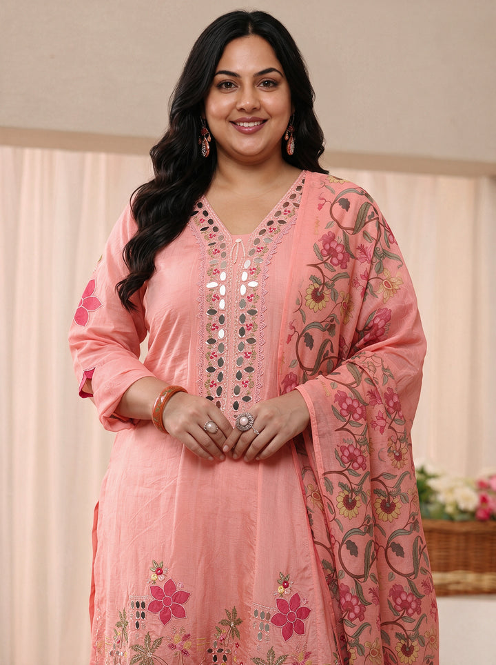 Plus Size Peach Floral Embroidered Silk Blend Anarkali Suit Set