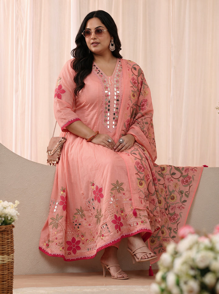 Plus Size Peach Floral Embroidered Silk Blend Anarkali Suit Set