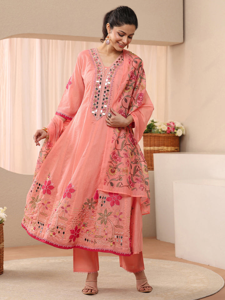 Libas Peach Floral Embroidered Silk Blend A-line Suit Set