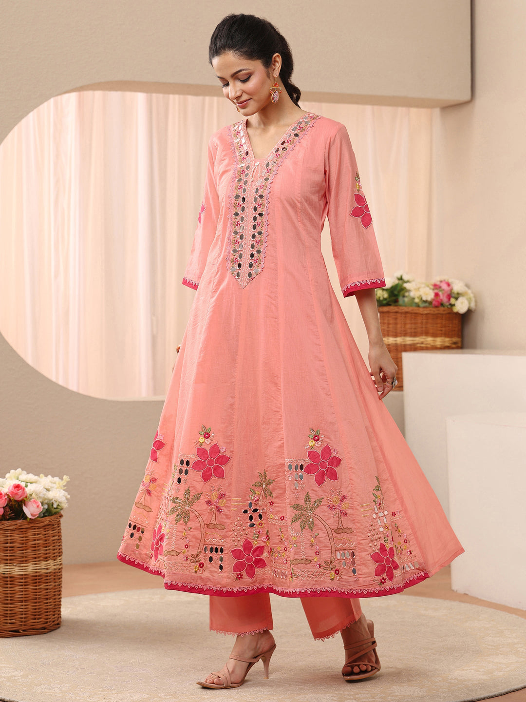 Libas Peach Floral Embroidered Silk Blend A-line Suit Set