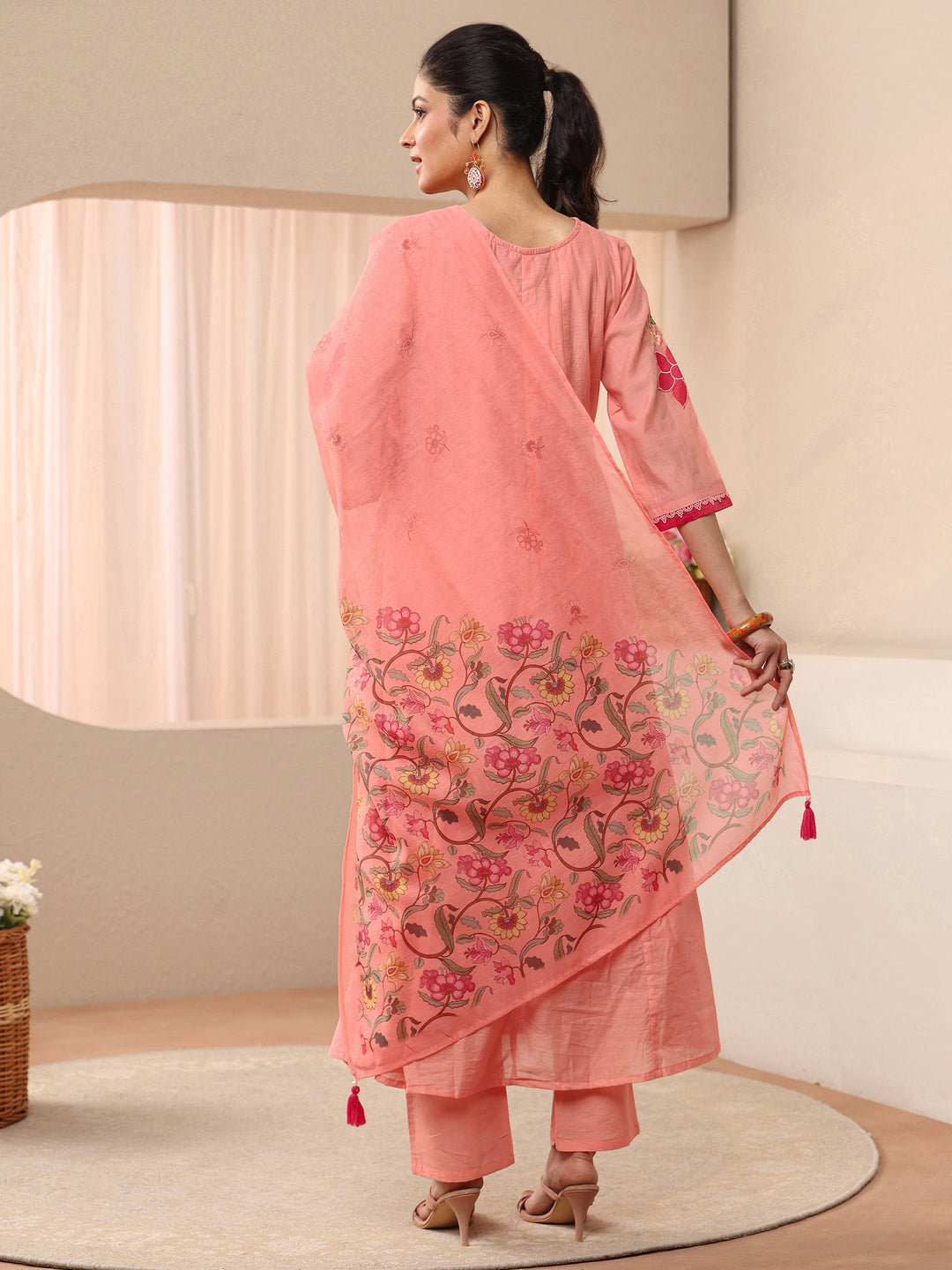 Libas Peach Floral Embroidered Silk Blend A-line Suit Set