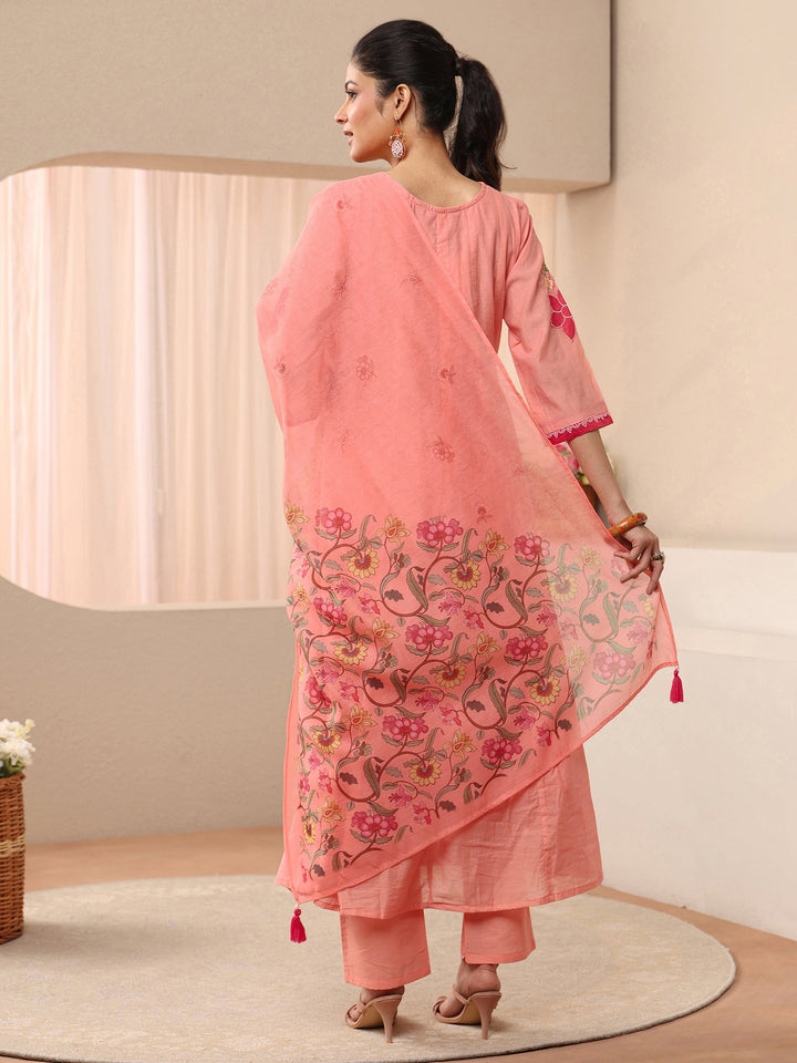 Libas Peach Floral Embroidered Silk Blend A-line Suit Set