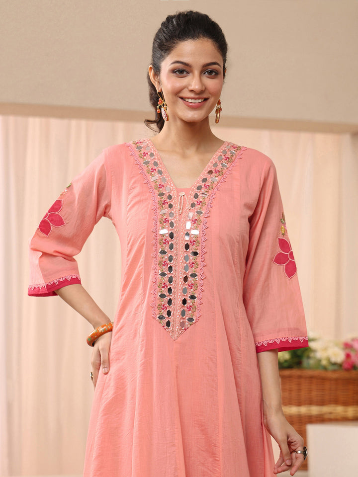 Libas Peach Floral Embroidered Silk Blend A-line Suit Set