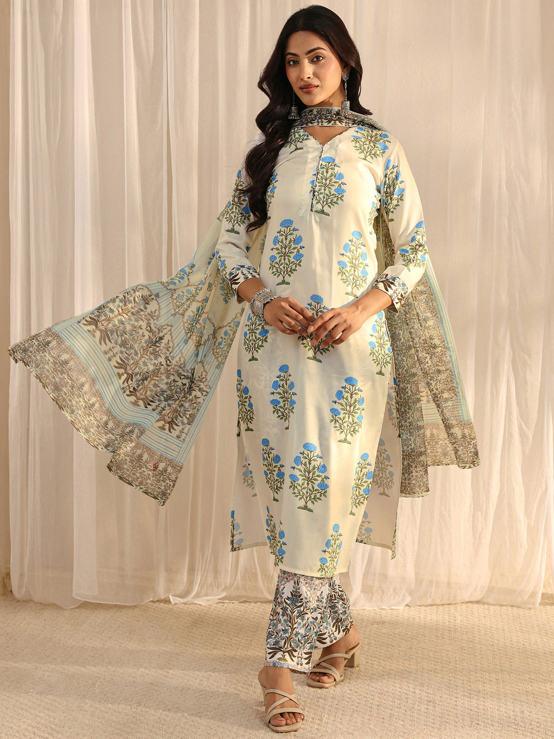 Off White Floral Printed Chanderi Silk Straight Suit Set With Dupatta